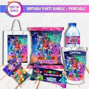 May include: A birthday party bundle featuring a colorful design with the text "MARCO'S 9TH BIRTHDAY". The bundle includes a tote bag, snack bags, water bottle, Capri Sun pouch, and Rice Krispies treats packaging.