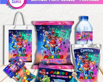 Printable Mario Galaxy Birthday Party Favors, Super Mario Galaxy Birthday Party Bundle, Editable Template, Chip Bags, Labels, Digital File