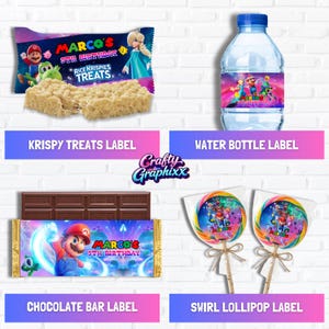 May include: A collection of party favors featuring a Mario theme. Includes Rice Krispies Treats, water bottle, chocolate bar, and swirl lollipops, all with custom labels. The labels read "MARCO'S 9TH BIRTHDAY".