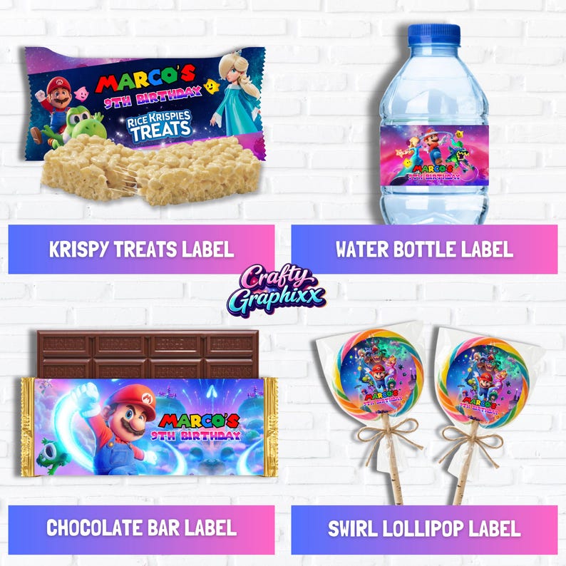 May include: A collection of party favors featuring a Mario theme. Includes Rice Krispies Treats, water bottle, chocolate bar, and swirl lollipops, all with custom labels. The labels read "MARCO'S 9TH BIRTHDAY".