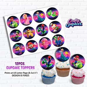 May include: A sheet of 12 cupcake toppers featuring various characters from the Super Mario video game series. The toppers are round with colorful illustrations and the text "12PCS. CUPCAKE TOPPERS" is printed on the sheet. The "Crafty Graphixx" logo is also visible.