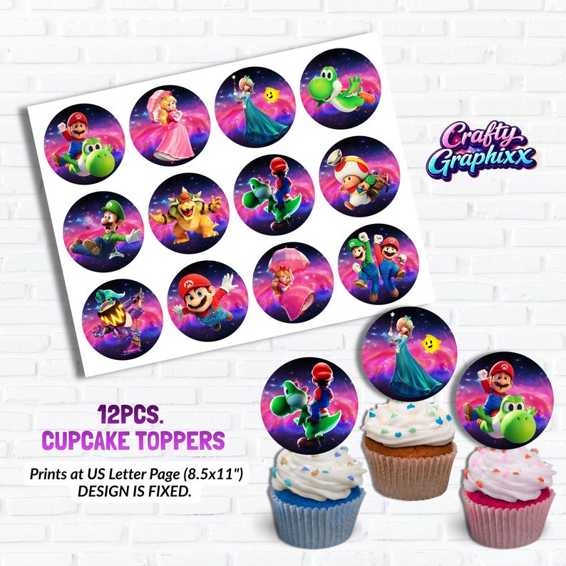 May include: A sheet of 12 cupcake toppers featuring various characters from the Super Mario video game series. The toppers are round with colorful illustrations and the text "12PCS. CUPCAKE TOPPERS" is printed on the sheet. The "Crafty Graphixx" logo is also visible.