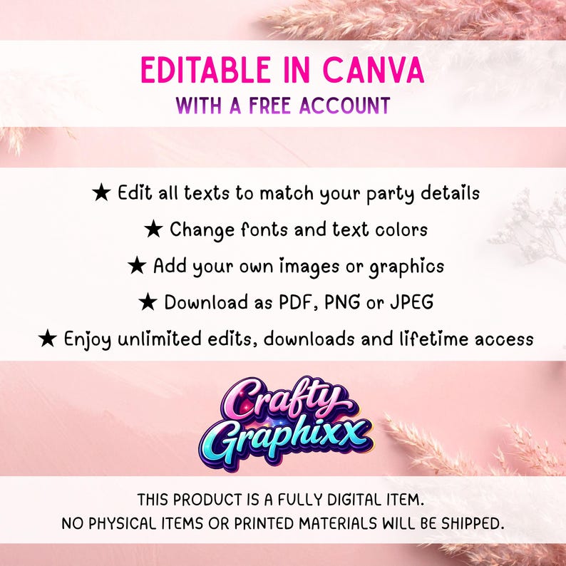 May include: A digital product advertisement with a pink and white background. Text reads "EDITABLE IN CANVA" and details features like text editing, font changes, image additions, and PDF/PNG/JPEG downloads. The "Crafty Graphixx" logo is also visible.