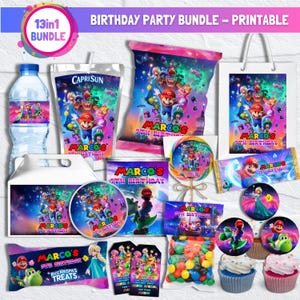 May include: A colorful birthday party bundle featuring various items like water bottles, Capri Sun pouches, candy bags, and gift tags. The items are decorated with a cartoon character theme and the text "MARCO'S 9TH BIRTHDAY".