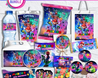 Printable Mario Galaxy Birthday Party Favors, Super Mario Galaxy Birthday Party Bundle, Editable Template, Chip Bags, Labels, Digital File