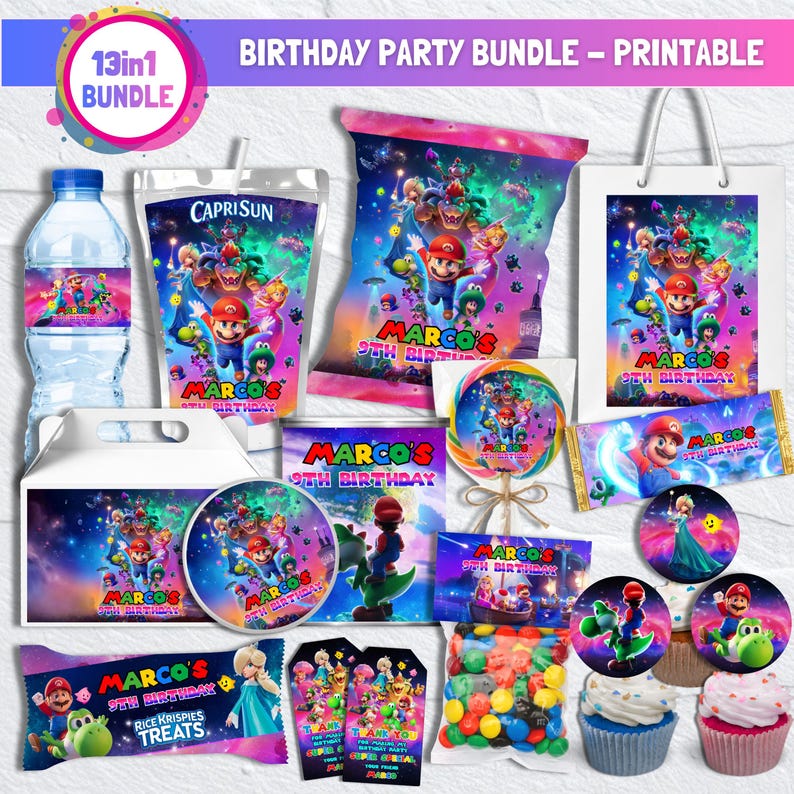 May include: A colorful birthday party bundle featuring various items like water bottles, Capri Sun pouches, candy bags, and gift tags. The items are decorated with a cartoon character theme and the text "MARCO'S 9TH BIRTHDAY".