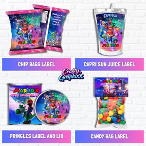 May include: A collection of custom party labels featuring a colorful design with the text "MARCO'S 9TH BIRTHDAY". Includes labels for chip bags, Capri Sun juice, Pringles, and candy bags. The labels have a cartoon theme.