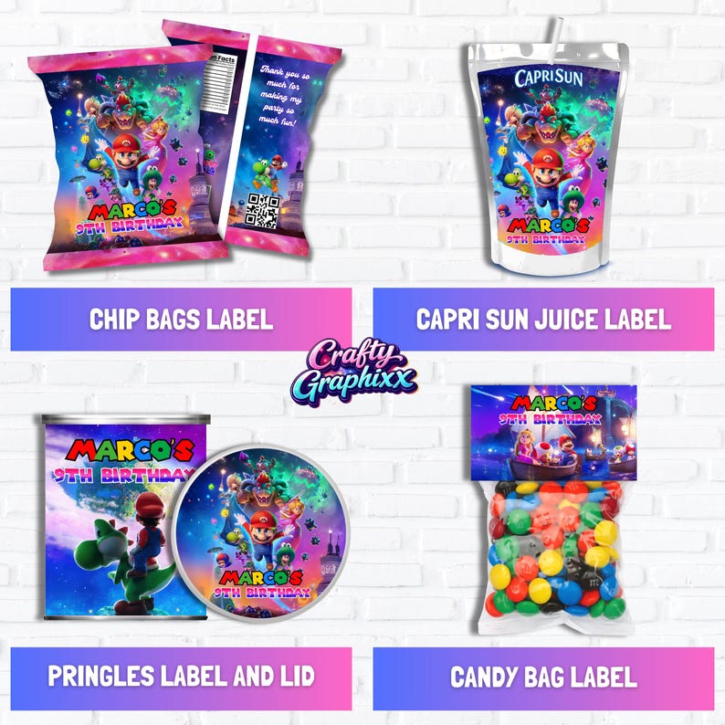 May include: A collection of custom party labels featuring a colorful design with the text "MARCO'S 9TH BIRTHDAY". Includes labels for chip bags, Capri Sun juice, Pringles, and candy bags. The labels have a cartoon theme.
