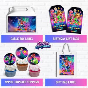 May include: A collection of party supplies featuring a colorful video game theme. Includes a gable box label, gift tags, cupcake toppers, and a gift bag label. The designs feature characters and the text "MARCO'S 5TH BIRTHDAY".