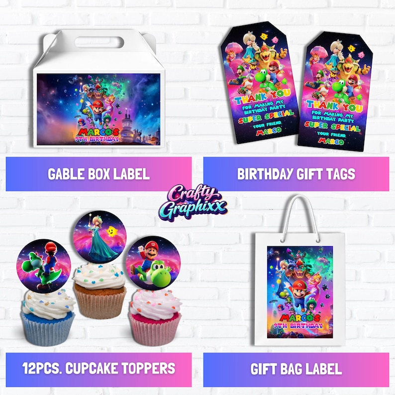 May include: A collection of party supplies featuring a colorful video game theme. Includes a gable box label, gift tags, cupcake toppers, and a gift bag label. The designs feature characters and the text "MARCO'S 5TH BIRTHDAY".