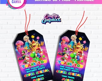 Editable Super Mario Galaxy Birthday Thank You Tags, Mario Galaxy Kids Gift Tags, Mario Galaxy Birthday Party Favor Tags, Printable Gift Tag