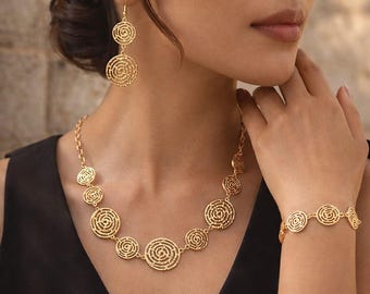 Gold-tone zinc alloy necklace, earrings, and bracelet set for women - chic, modern, trendy jewelry set - elegant gift