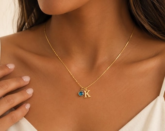 Collier initial personnalisé avec pierres de naissance, collier lettre personnalisé avec breloque pierre de naissance, collier initial en or, cadeau d'anniversaire pour elle