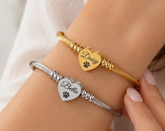 Custom Pet Name Bracelet, Personalized Paw Print Cuff, Dog Cat Memorial Jewelry, Pet Loss Gift for Dog Mom, Gold or Silver