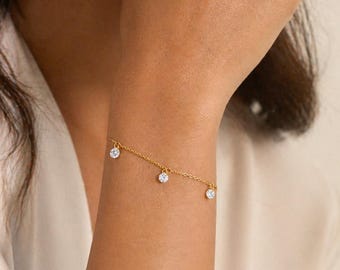 Bracelet délicat en forme de station de diamants, bracelet chaîne en or délicat avec zircons cubiques AAA - Design minimaliste en argent sterling