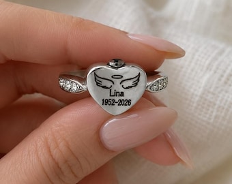 Personalized Angel Wing Heart Ring, Cremation Memorial Ring for Ashes, Custom Name Date Engraving, Loss of Loved One Keepsake Jewelry
