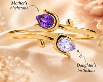 Mother Daughter Birthstone Ring, Open Adjustable Ring, Mom and Daughter Jewelry Gift, Personalized Family Ring, Meaningful Birthday Gift