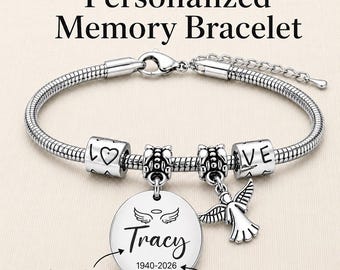 Bracelet souvenir personnalisé ange Bracelet commémoratif personnalisé avec nom et dates perte d'un être cher cadeau de sympathie pour femme souvenir