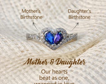 Mother Daughter Birthstone Ring, Heart Sapphire Ring, Personalized Mom Gift, Mothers Day Gift for Mom, Family Love Jewelry