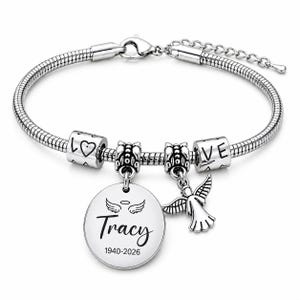 Bracelet souvenir personnalisé ange Bracelet commémoratif personnalisé avec nom et dates perte d'un être cher cadeau de sympathie pour femme souvenir image 2