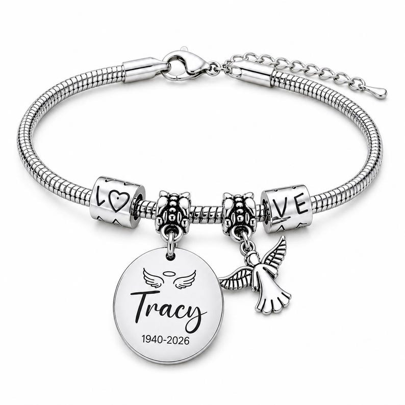 Bracelet souvenir personnalisé ange Bracelet commémoratif personnalisé avec nom et dates perte d'un être cher cadeau de sympathie pour femme souvenir image 2
