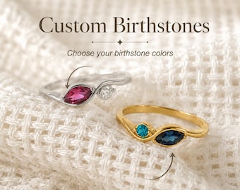 Bague de naissance personnalisée, bague personnalisée deux pierres, bague de promesse avec pierres précieuses délicates, cadeau maman, cadeau d'anniversaire pour elle
