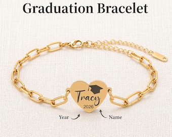 Bracelet de remise des diplômes personnalisé, bracelet coeur personnalisé nom et année, cadeau en acier inoxydable pour elle, cadeau promotion 2026, bijoux de remise des diplômes