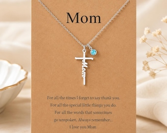 Collier personnalisé avec pierres de naissance « Maman » - Pendentif croix en argent avec breloque en pierres précieuses personnalisée, cadeau parfait pour la fête des mères, bijoux pour maman