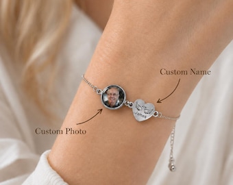 Bracelet photo commémoratif personnalisé, breloque coeur nom et photo personnalisés, cadeau bijoux commémoratif