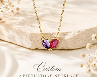 Collier personnalisé avec double pierre de naissance en forme de larme, bijoux mensuels personnalisés en pierres précieuses pour femme, cadeau pour maman, fille, amie, cadeau d'anniversaire