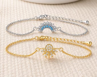 Bracelet soleil et lune, bracelet céleste pour femme, bracelet soleil en or, bracelet lune en argent, bracelet en cristal délicat, cadeau d'anniversaire