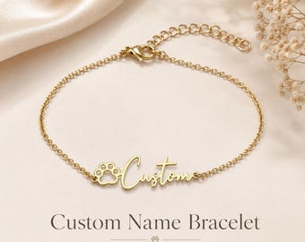 Personalized Pet Name Bracelet, Custom Paw Print Name Bracelet, Gold Pet Lover Jewelry, Dog Mom Cat Mom Gift, Memorial Pet Keepsake