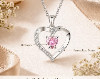 Collier coeur personnalisé avec nom et pierre de naissance, cadeau parfait pour les proches, collier de pierre de naissance, bijoux prénom personnalisés