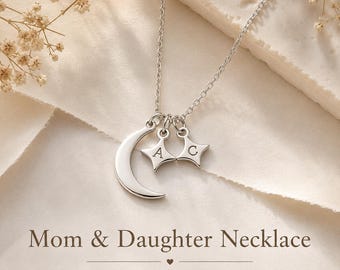 Personalized Mom Necklace, Custom Initial Star Necklace, Moon and Stars Necklace, Mother Daughter Gift, Mothers Day Gift for Mom
