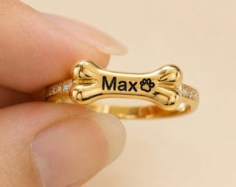 Personalized Pet Name Ring, Custom Dog Bone Ring, Paw Print Jewelry, 18K Gold Plated Pet Lover Gift, Memorial Ring for Dog Mom