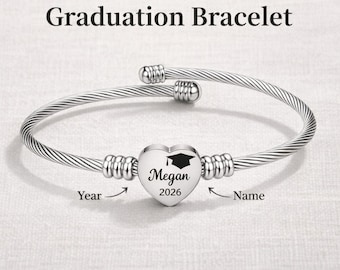 Personalized Graduation Bracelet 2026, Engraved Heart Charm Bracelet with Custom Name, Class of 2026 Graduation Gift for Her