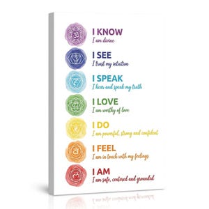 May include: A white rectangular wall art print featuring seven vertical chakra symbols in watercolour style, each with corresponding text: I KNOW I am divine, I SEE I trust my intuition, I SPEAK I hear and speak my truth, I LOVE I am worthy of love, I DO I am powerful, strong and confident, I FEEL I am in touch with my feelings, and I AM I am safe, centred and grounded.