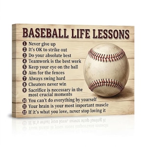 May include: A rectangular canvas print featuring a light wood grain background with the title BASEBALL LIFE LESSONS in dark brown text. It lists twelve numbered motivational phrases alongside a white baseball with red stitching on the right side.