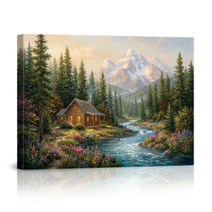 May include: A landscape painting on canvas depicting a rustic log cabin nestled in a dense pine forest beside a flowing river. In the background, snow-capped mountain peaks rise under a soft sky. The scene features vibrant wildflowers in the foreground.