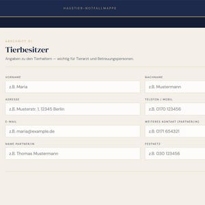 May include: A digital interface with a dark blue header and a white content area. The interface displays a form for pet owners, including fields for name, address, and contact information. The text "Lebenswerk" is visible.