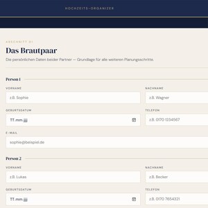 Hochzeits-Organizer zum Ausfüllen · Gästeliste, Budget & Checkliste druckbar · PC, Tablet, Handy · Daten bleiben lokal