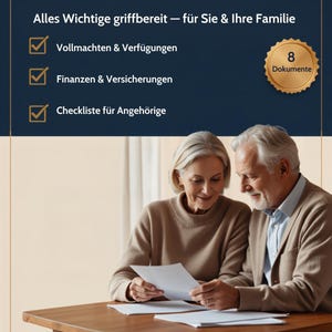 以下が含まれることがあります： Notfallmappeというタイトルのドキュメントフォルダー。Alles Wichtige griffbereit — für Sie & Ihre Familieというテキストが記載されています。Vollmachten & Verfügungen、Finanzen & Versicherungen、Checkliste für Angehörigeが含まれています。金色のシールには8 Dokumenteと表示されています。形式はDIN A4、PDF、Deutschです。