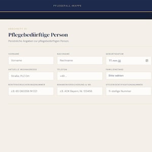 May include: A digital form titled "Pflegebedürftige Person" (Person in Need of Care) with fields for personal information. The form is on a light beige background with a dark blue header and sidebar. The text "Lebenswerk" is at the top.
