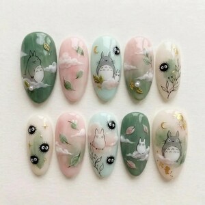 Cute Press on Nails Short Almond - Forest Spirit Cloud Leaf Soot Ball Fake Nails - Kawaii Anime Nail Set - Green Pink Pastel False Nail