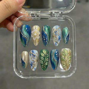 Blue Green Press on Nails Long Almond - Aurora Butterfly 3D Leaf Flower Pearl Fake Nails - Luxury Nail Set - Teal Gold False Nails