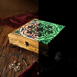 Portagioie fosforescente, grande scatola portagioie in legno, coperchio in piastrelle di ceramica 20x20, motivo Iznik turco, contenitore decorativo fatto a mano, idea regalo
