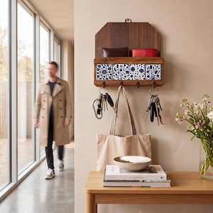 May include: A wall-mounted wooden organiser featuring a dark wood backboard and a shelf fronted by three square tiles decorated with blue and white floral patterns. Four metal hooks hang below the shelf, holding sets of keys and a canvas tote bag.