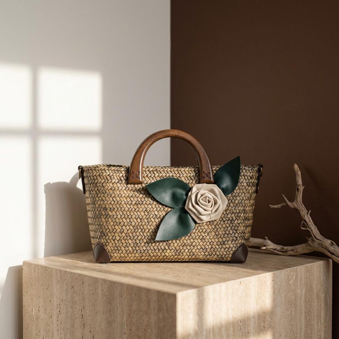 Handwoven Straw Tote Bag With Leather Rose, Wooden Handle, Boho Summer ...
