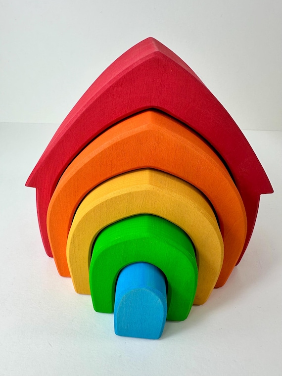 Waldorf Rainbow Wooden House Puzzle, Montessori Stacker Toy