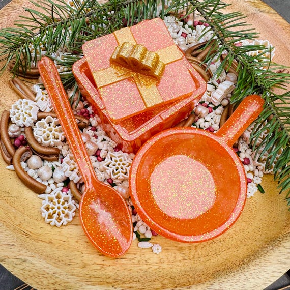 Christmas Present Sensory Set |  Resin Opening Gift Box, Scoop & Spoon | Holiday Potion Play Set | Montessori | Small World